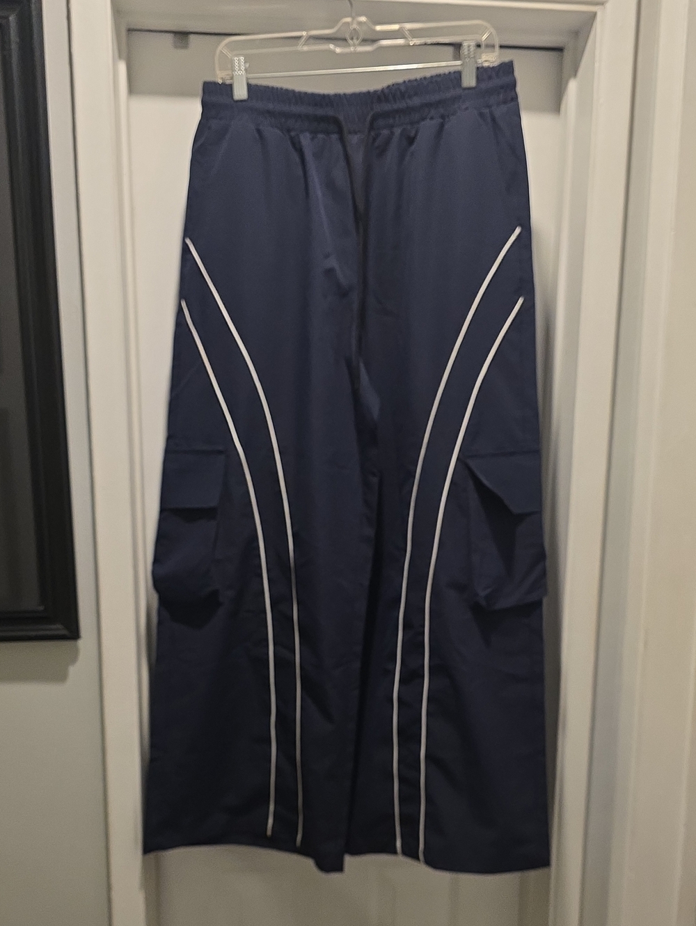 SHEIN Navy Cargo Pants with White Piping